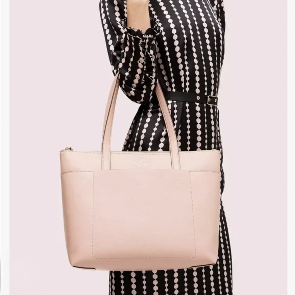 Kate Spade New York Leather Tote Handbag Blush Pink Pebbled Zip Top Large